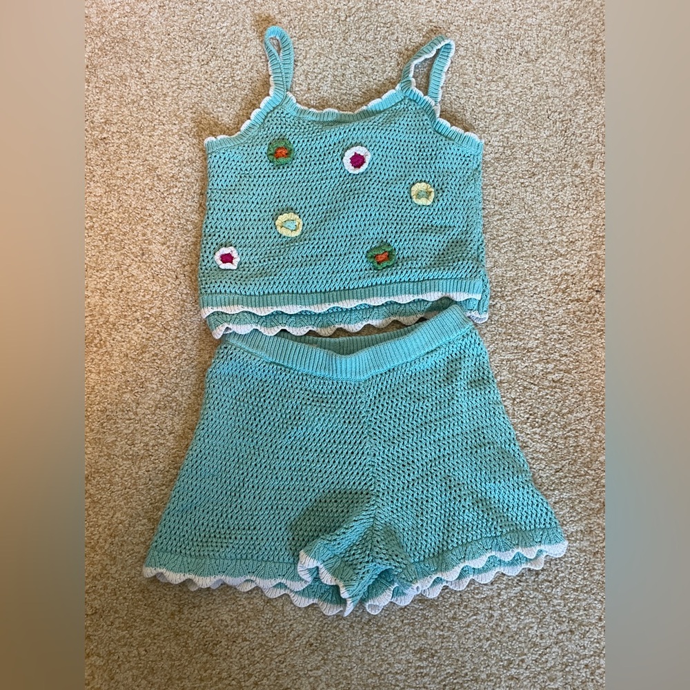 Zara Turquoise Blue Crochet Tank Top and Shorts - Size 11/12
